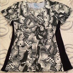 Black & White Butterfly Print Scrub Top